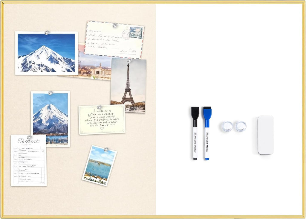 Dry Erase Cork Board Combo, 24"X18" Whiteboard with Linen for Wall, Magnetic Dry Erase Bulletin Board, Vision Board