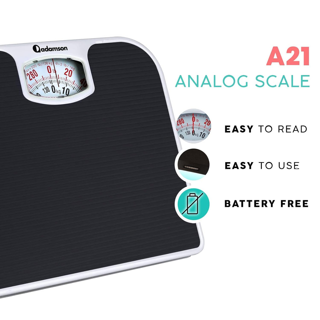 A21 Analog Scales for Body Weight - Up to 300 LB - New - Anti-Skid Rubber Surface + Large Numbers - Analog Bathroom