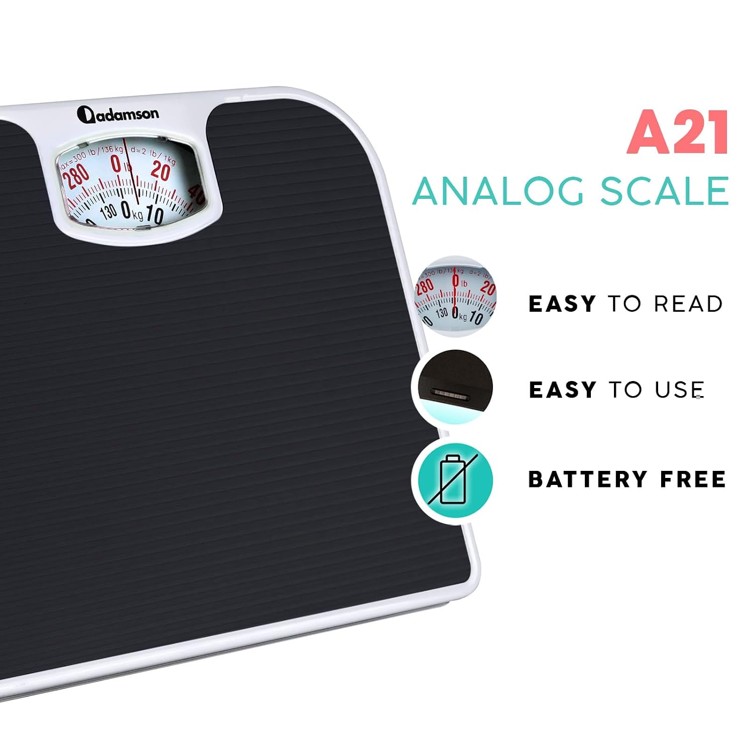A21 Analog Scales for Body Weight - Up to 300 LB - New - Anti-Skid Rubber Surface + Large Numbers - Analog Bathroom