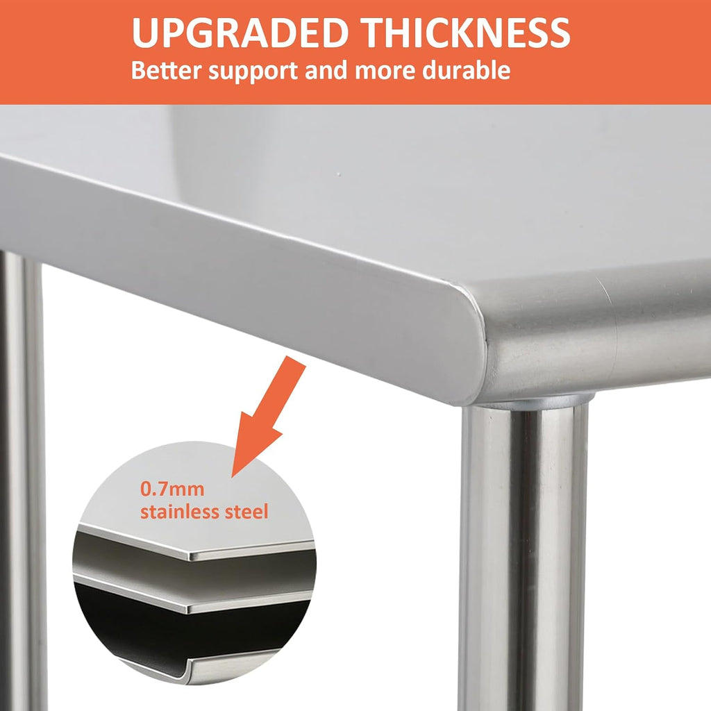 Stainless Steel Curved Edge Work Table 48 inch Double Layer with Backsplash & Casters, Heavy Duty Commercial Prep