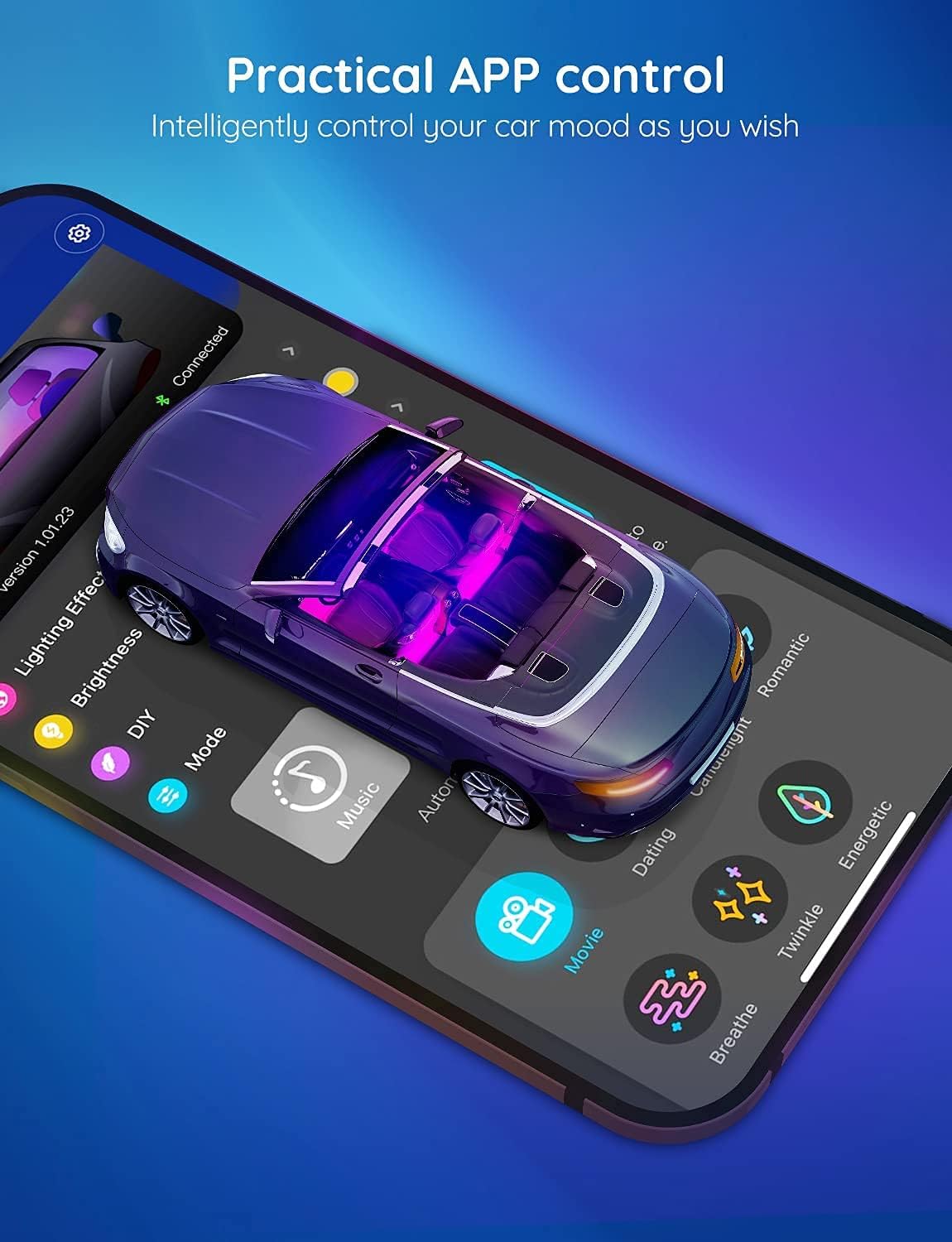 Car LED Lights, Smart Car Interior Lights with App Control, RGB Lights with DIY Mode and Music Mode, 2 Lines Design