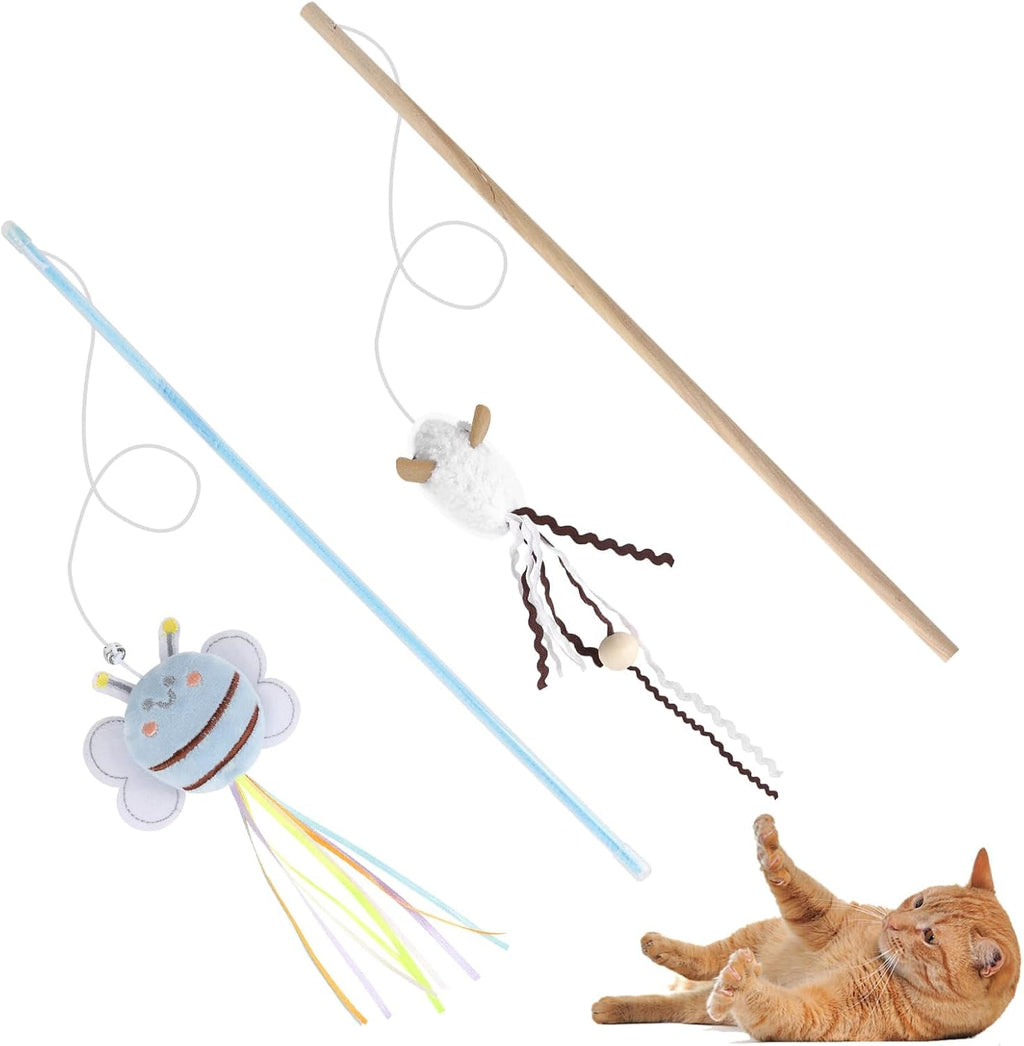 Cat Wand Toy Set, 2 PCS Interactive Cat Teaser Wands with Cute Bee & Mouse Designs, Equipped with Bells and Streamers