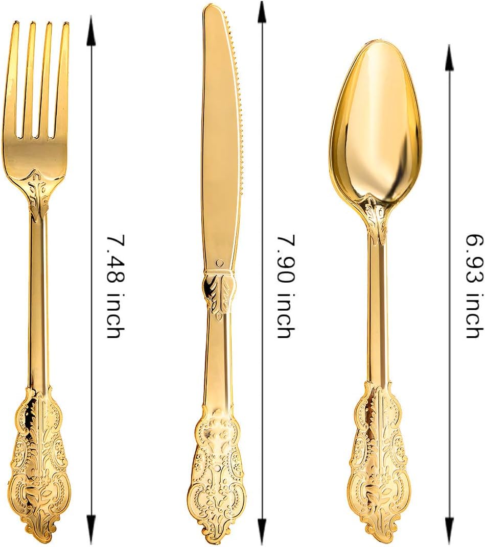 300PCS Gold Plastic Silverware, Vintage Disposable Utensils & Cutlery