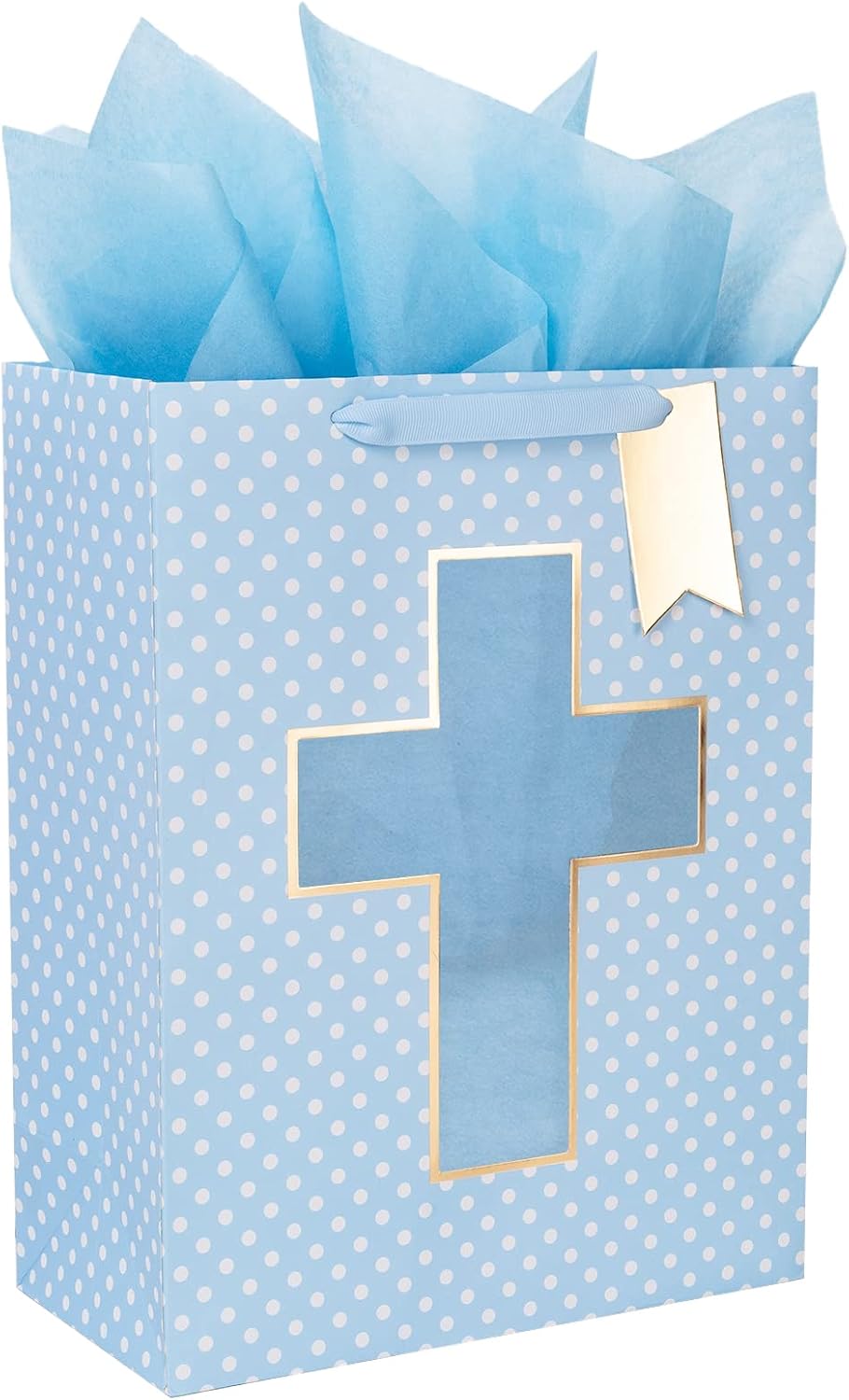 Blue Gift Bag with Cross Design, Tissue Paper for Baby Boy Baptisms, Christenings, First Communions Religious