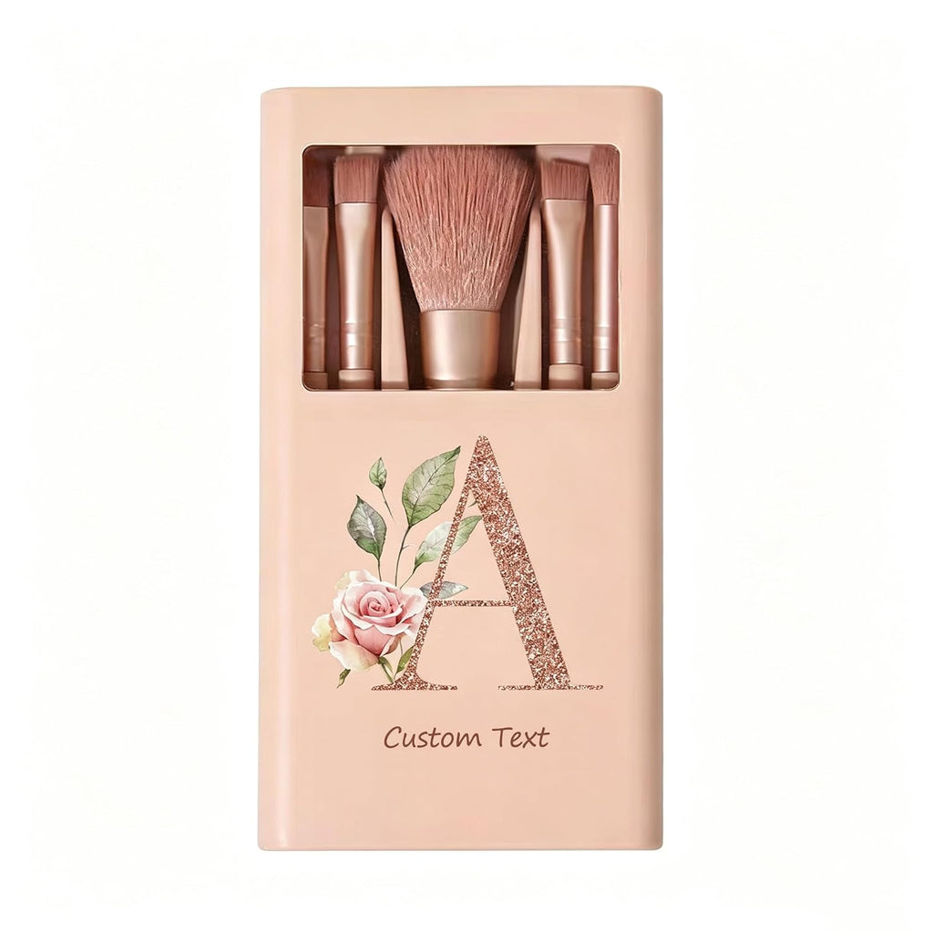 Personalized Mini Makeup Brush Set with Mirror, Custom Name Initial Travel Makeup Case, Portable Cosmetic Brushes