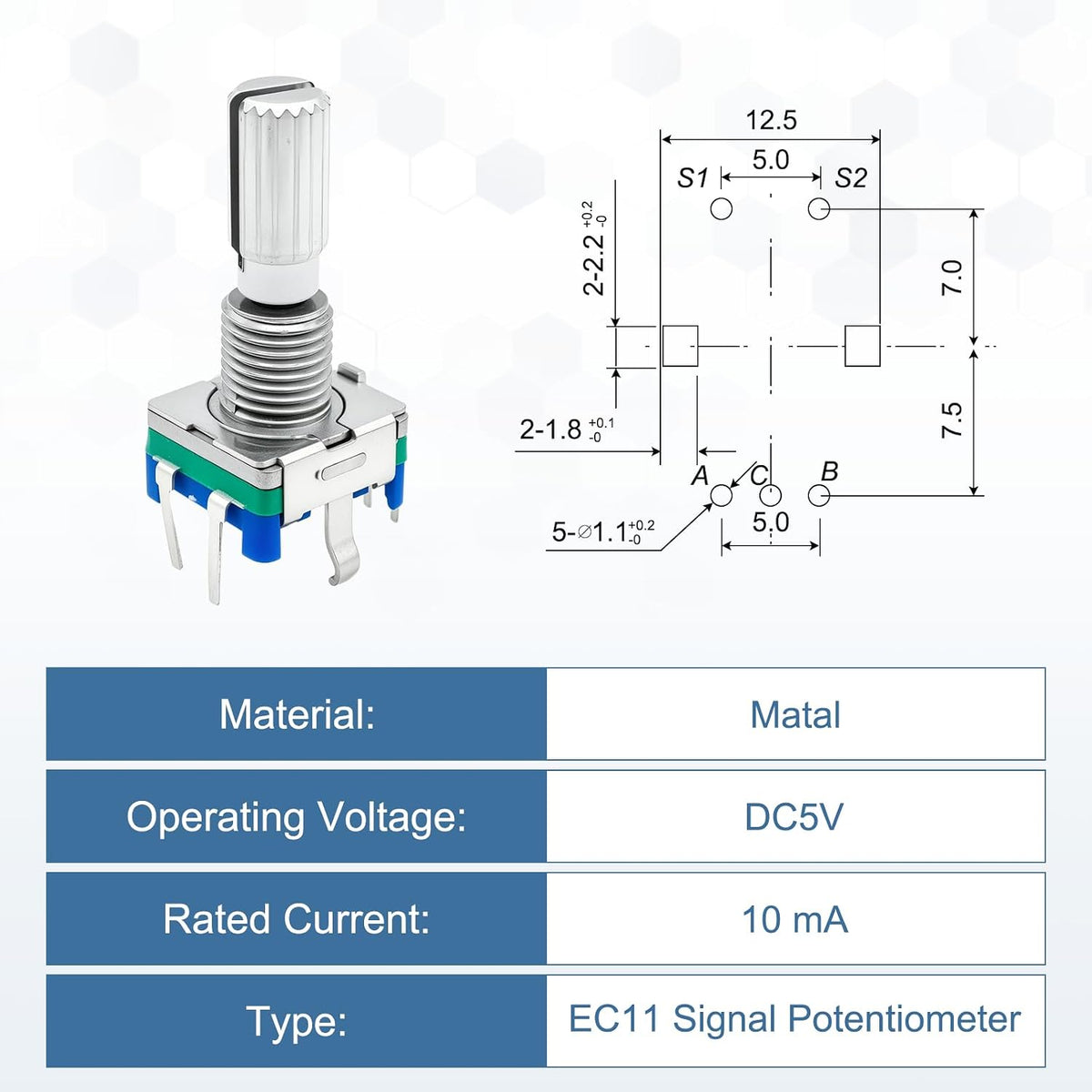 MECCANIXITY 5Pack EC11 Rotary Encoder Code Switch 20mm Full Shaft Blue