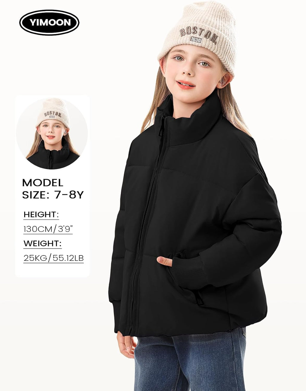 Girls Winter Puffer Jacket Kids Warm Quilted Puffer Coat | Zip Up, Stand Collar, Long Sleeve, Cropped Puffy Jacket