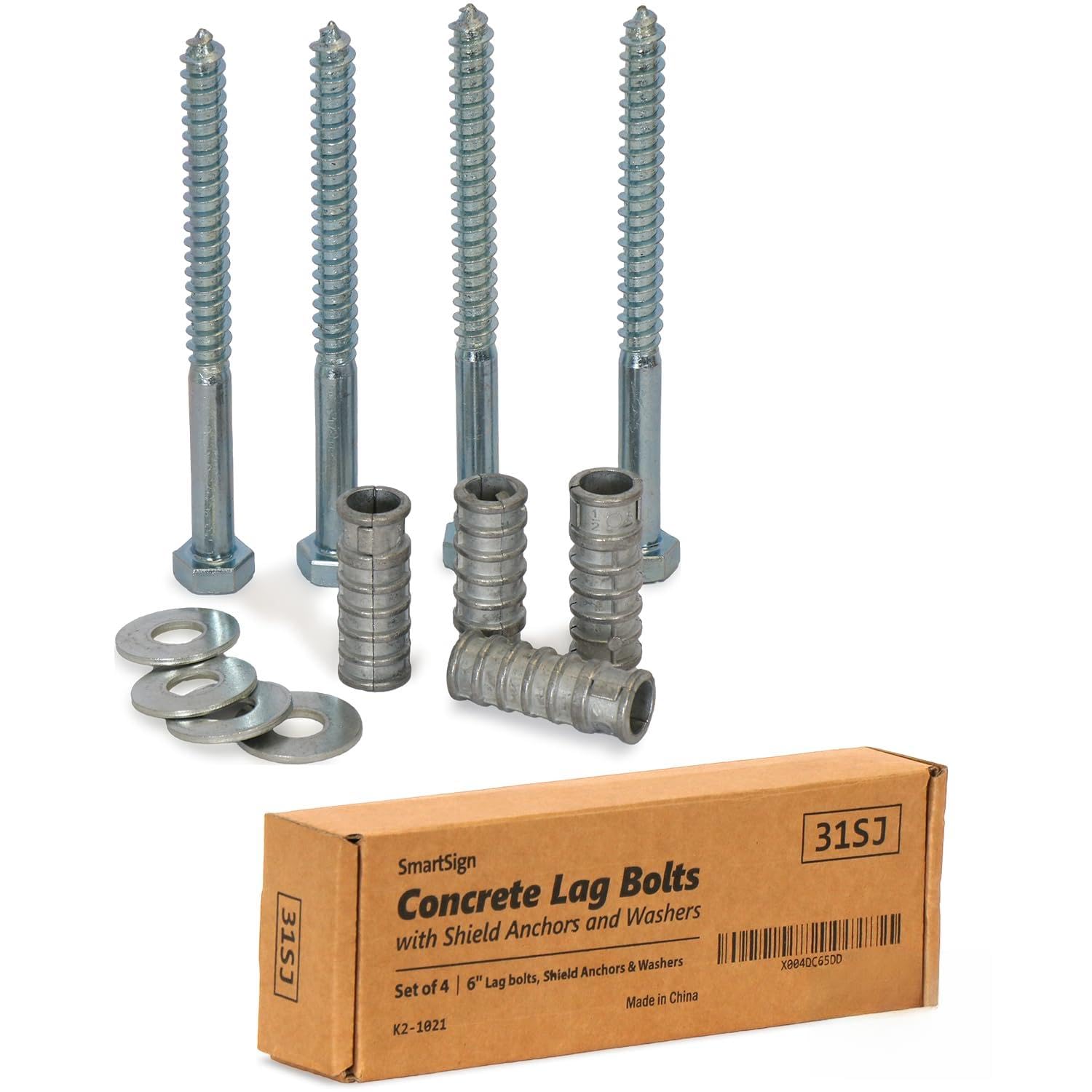 Concrete Anchors Hardware Installation Kit for Parking Curb, Wheel Stop, Speed Bump - 6" Lag Bolts Screws, Lag Shield