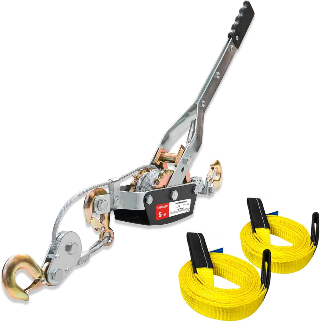 Come Along Winch 5 Ton Hand Winch 9.84Ft with 3 Hooks Heavy Duty Dual Ratchet Cable Winch Puller with Two 1"x8FT
