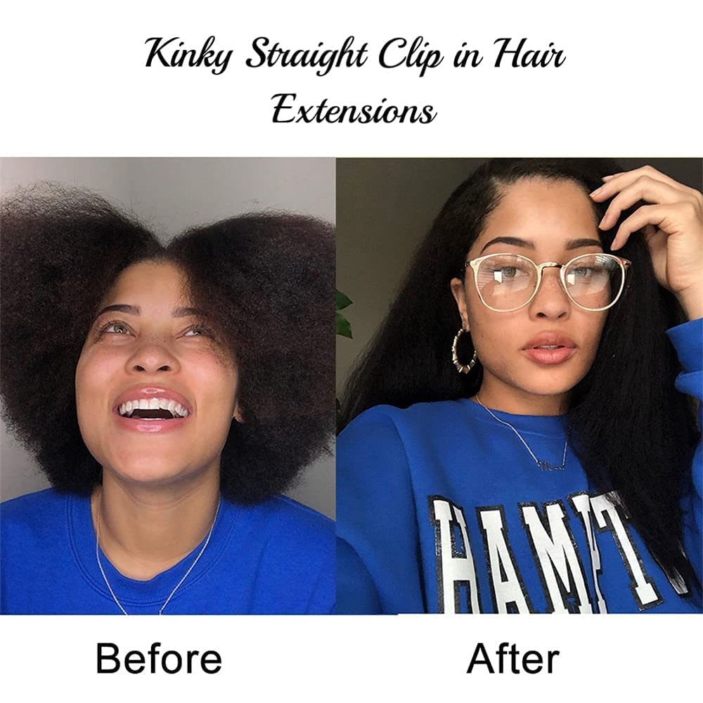 Kinky Straight Clip in Hair Extensions Real Human Hair Clip ins Natural Black Double Weft Clip ins for Women 12 Inch
