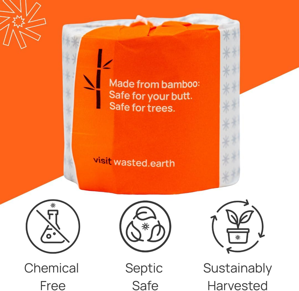 Wasted*Wipes Bamboo Toilet Paper – 24 Rolls, 500 Sheets Per Roll (60% Larger Rolls), 2-Ply, Septic Safe, Eco Friendly