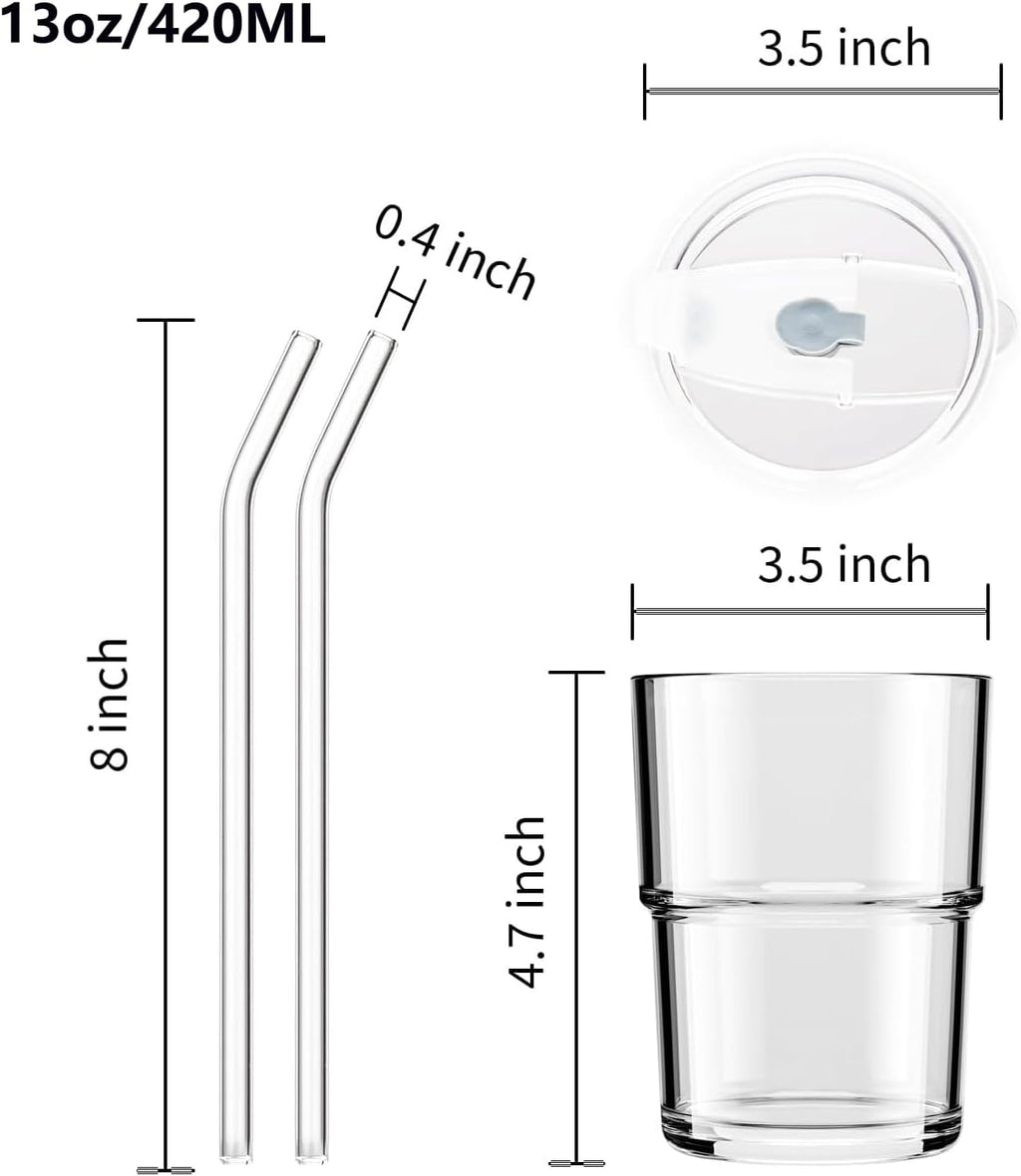 13oz Glass Tumbler with Straw and Lid Sealed, Carry On Reusable Iced Coffee Cups,Thick Wall Glass Coffee Drinking