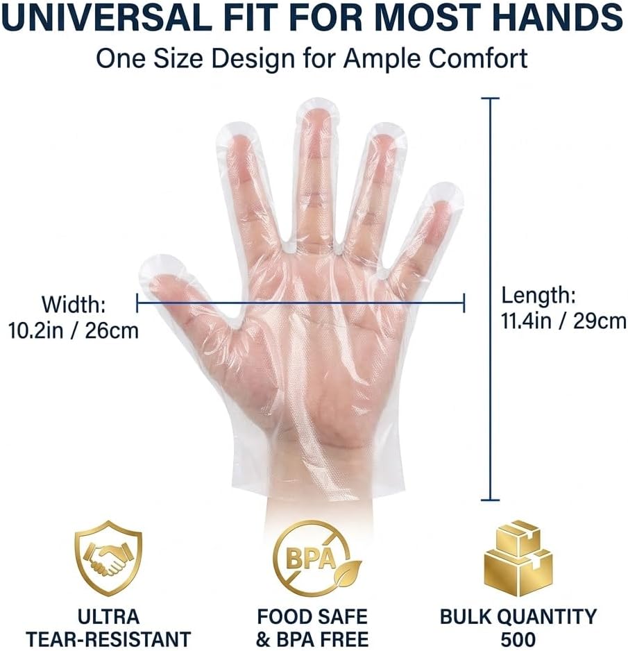 500 Count Disposable Food Prep Gloves, Food Grade Poly Gloves for Kitchen