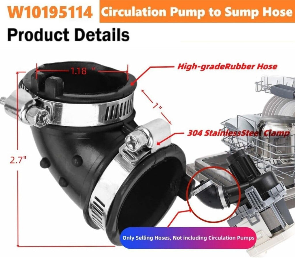 W10195114 Dishwasher Circulation Pump to Sump Hose Compatible for Whirlpool Kenmore Maytag 2312026, AP5618621, PS3651318, W10445975VP -BLACK
