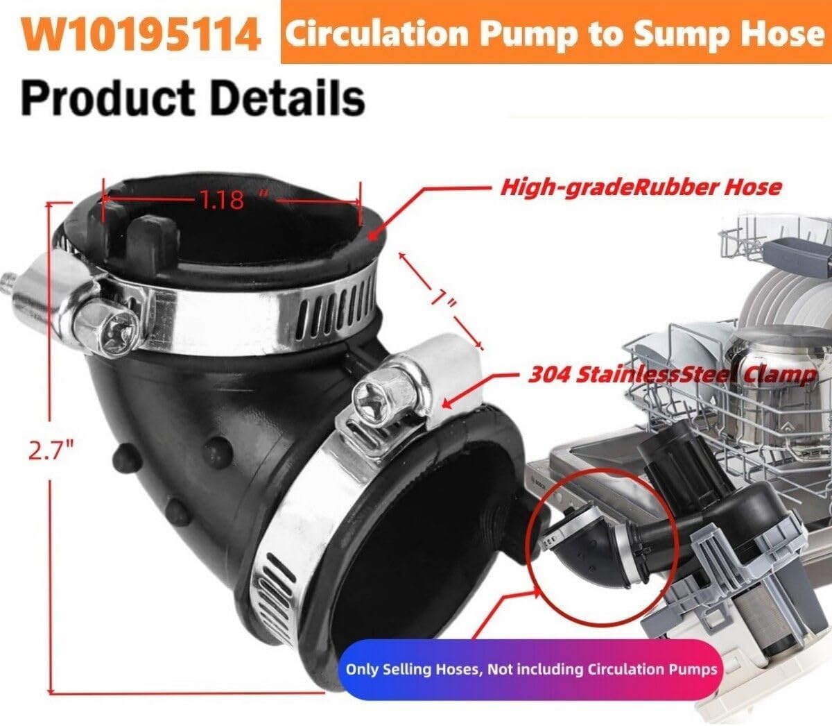 W10195114 Dishwasher Circulation Pump to Sump Hose Compatible for Whirlpool Kenmore Maytag 2312026, AP5618621, PS3651318, W10445975VP -BLACK