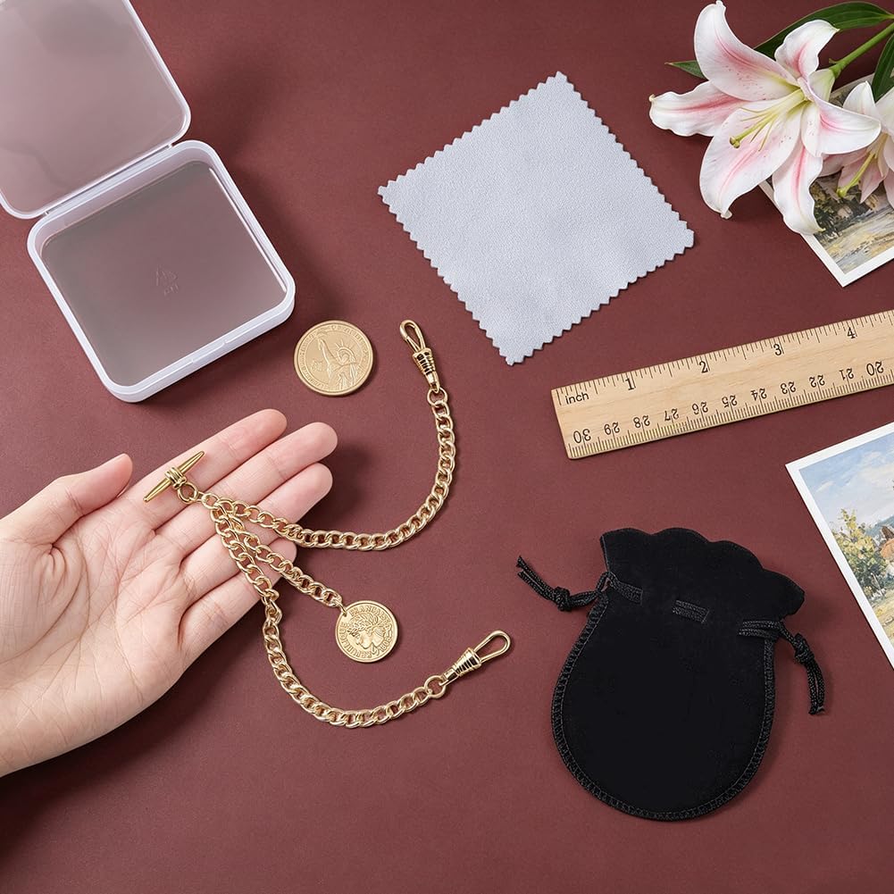 Gold Pocket Watch Chain with Queen Charm Medal Swivel Clasp Metal Albert Pocket Watch Chain T-Bar Vest Chains for Men