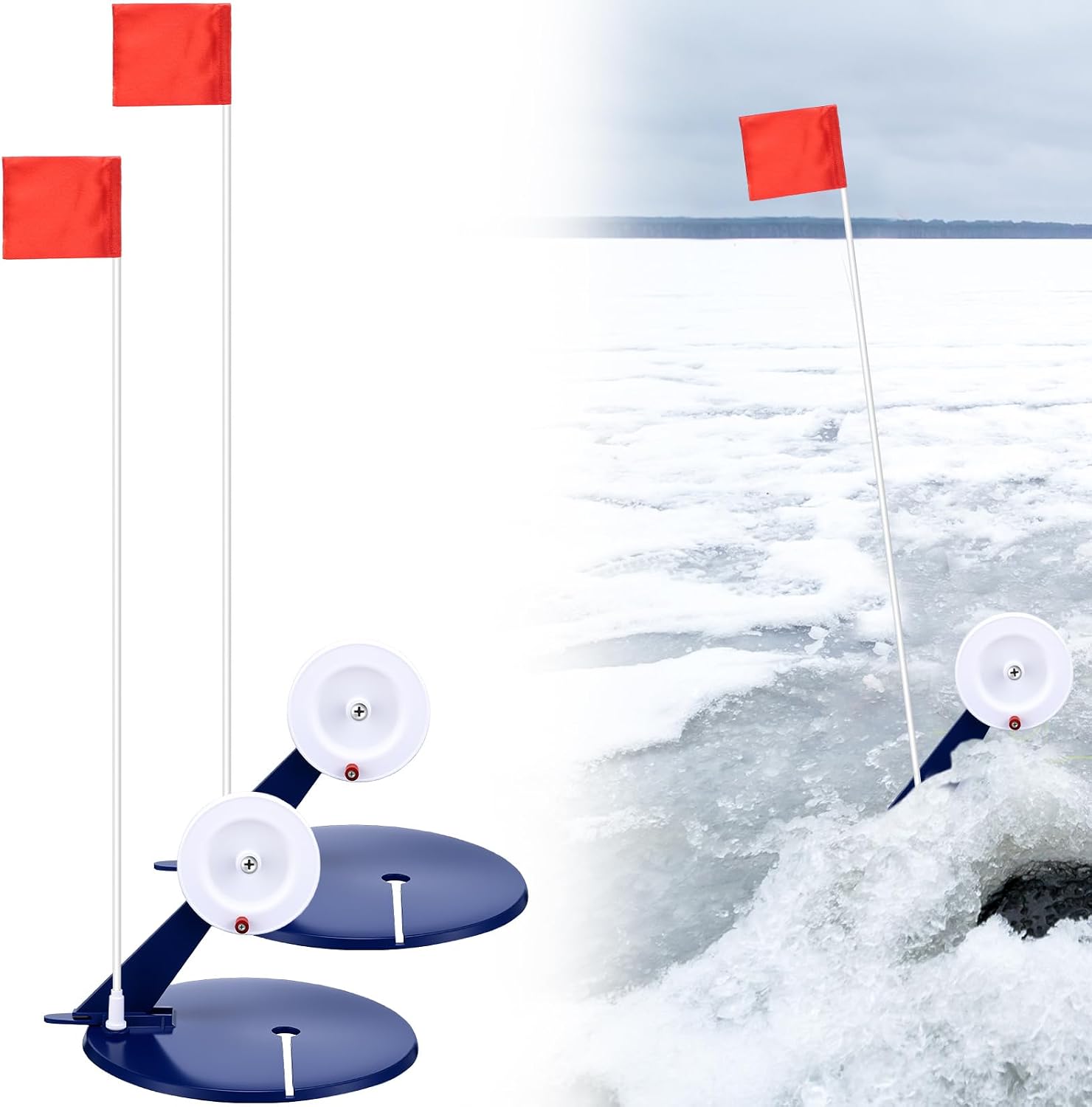 2 Packs Ice Fishing Tip-ups Flag Marker Rod with Portable Pole Flags for Tip-up Anglers Accessory Ice Fishing