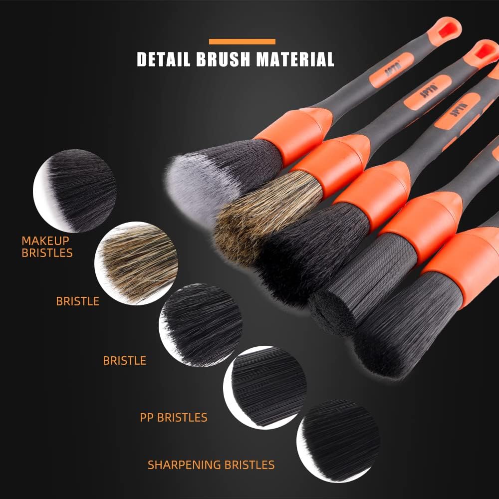 Car Detailing Brush Set, 5 Pack Soft Boar Hair Auto Detail Brush Kit with Elbow for Automotive Elegant Surface