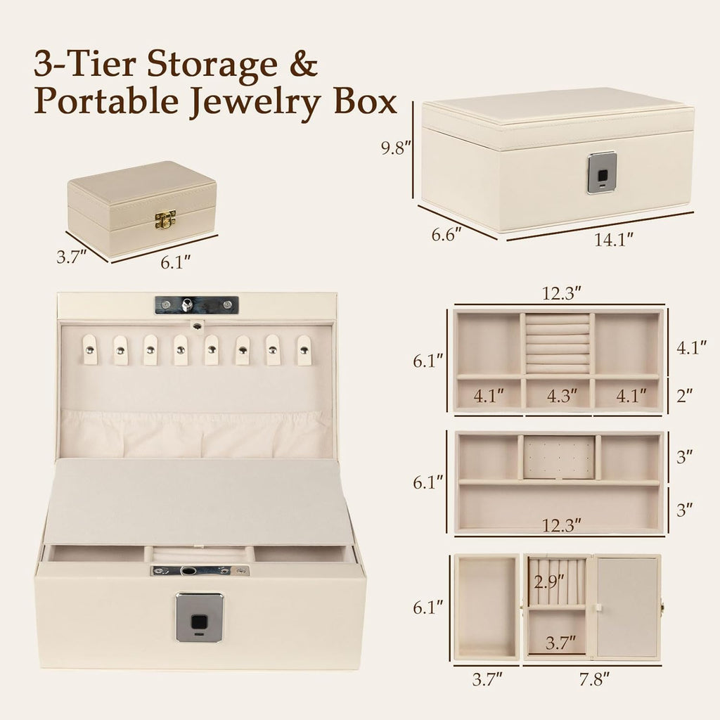 Jewelry Safe, Biometric Fingerprint Safe, Leather Wrapped Jewelry Box with Lock & Mirror, Ultra-Lightweight Jewelry