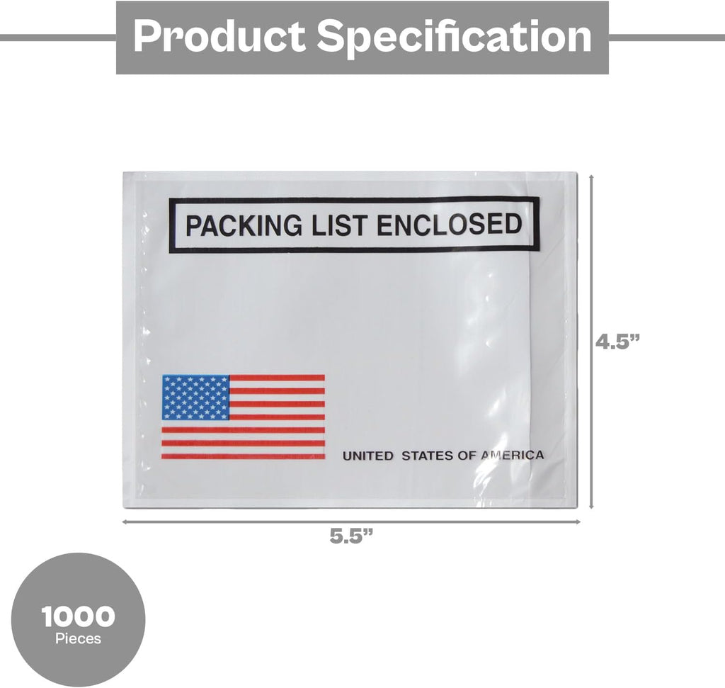 PSBM Bulk 1000 Pack 4 1/2" x 5 1/2" Back Loading Packing List Envelopes, Self-Adhesive USA Panel for E-Commerce Orders