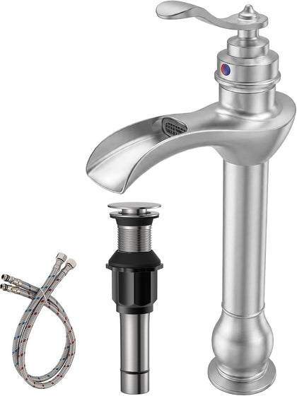 Vessel Sink Faucet Brushed Nickel Tall Waterfall Bathroom Faucet