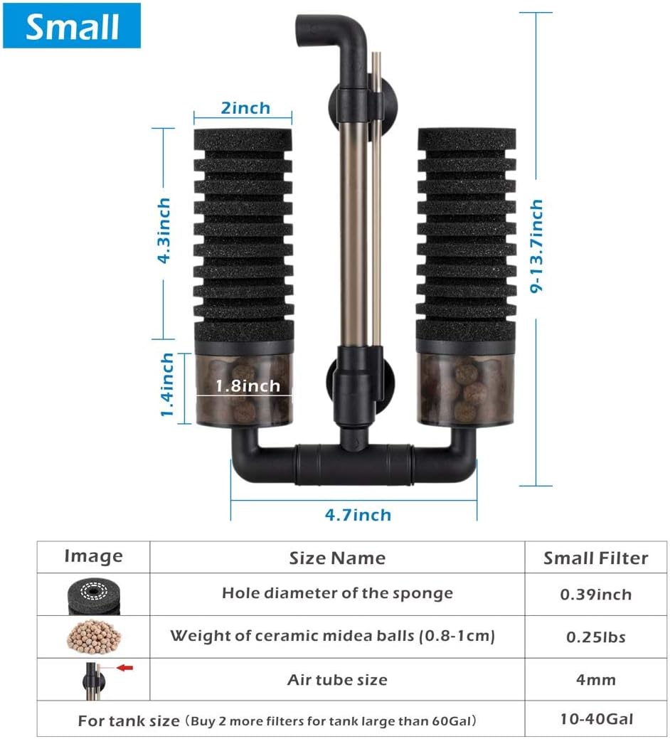 Sponge Filter, Aquarium Filter Double Sponge Replaceable Media with 4 Biochemical Sponges and 1 Bag of Filtered
