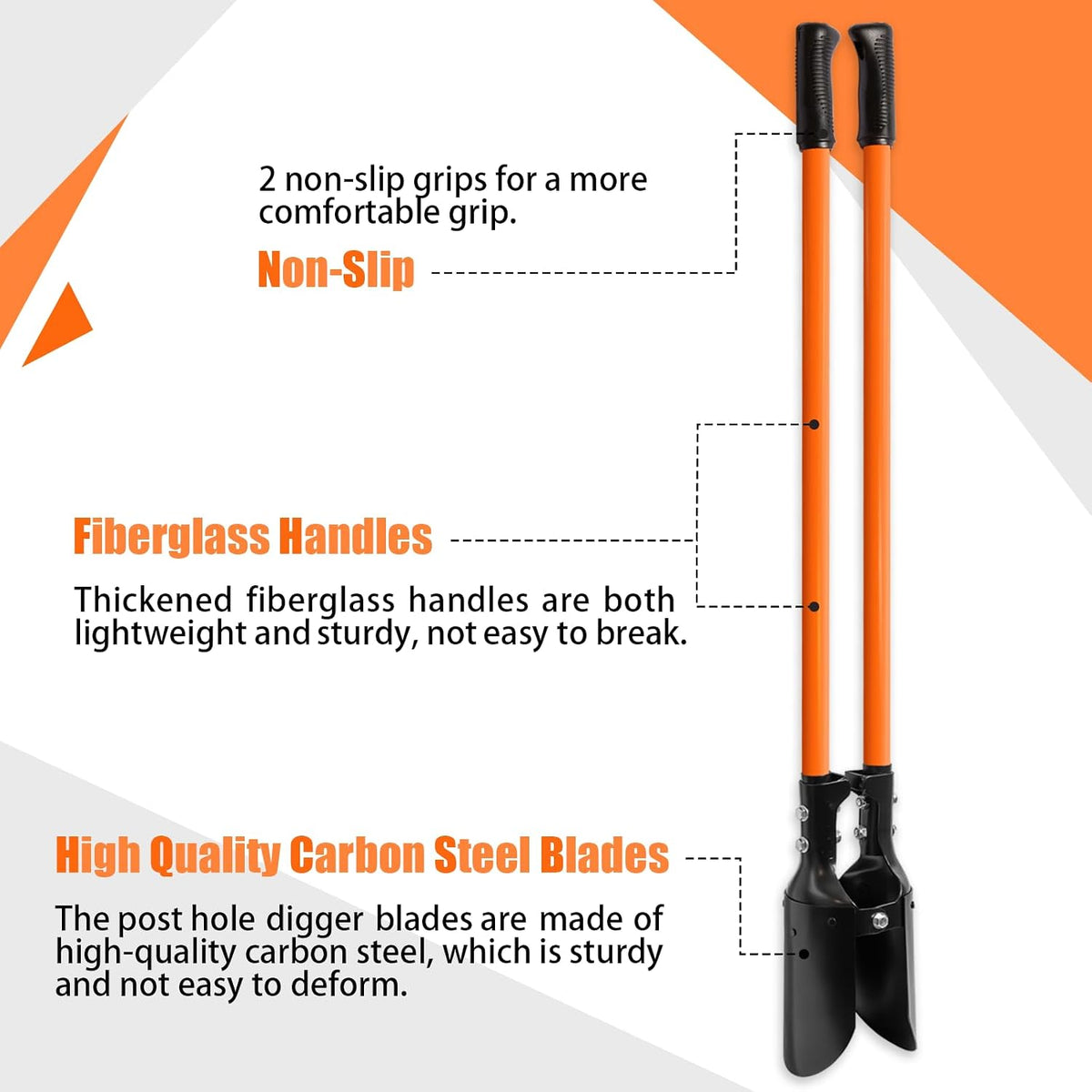 Post Hole Digger, Heavy Duty with Fiberglass Handle, Carbon Steel Blades, 58 Inches, Orange & Black