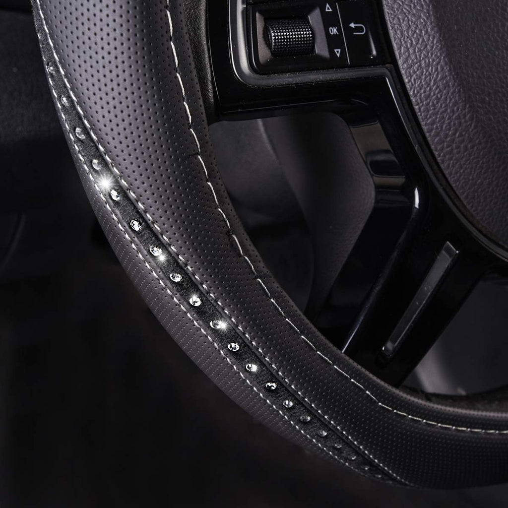 Bling Diamond Black Leather Steering Wheel Cover, Studded Crystal Rhinestones Universal Fit 14" 1/2-15" Glitter for