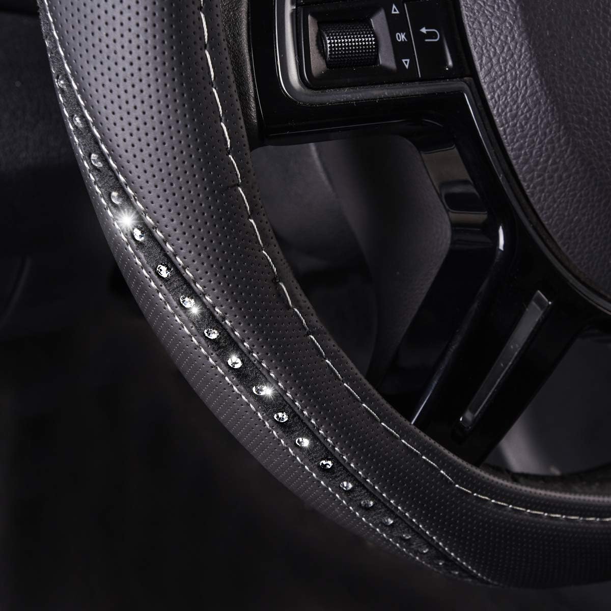 Bling Diamond Black Leather Steering Wheel Cover, Studded Crystal Rhinestones Universal Fit 14" 1/2-15" Glitter for