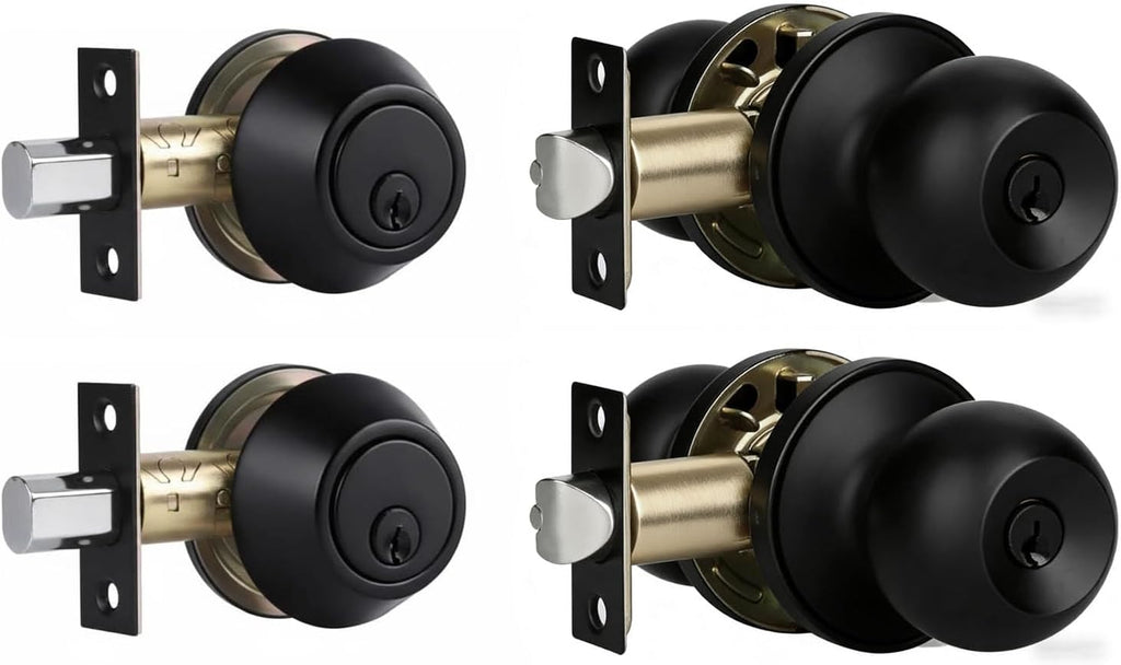 Exterior Door Lock Set with Deadbolt, Keyed Alike Door Lock with Key for Front and Entry Doors, Matte Black Finish, 2