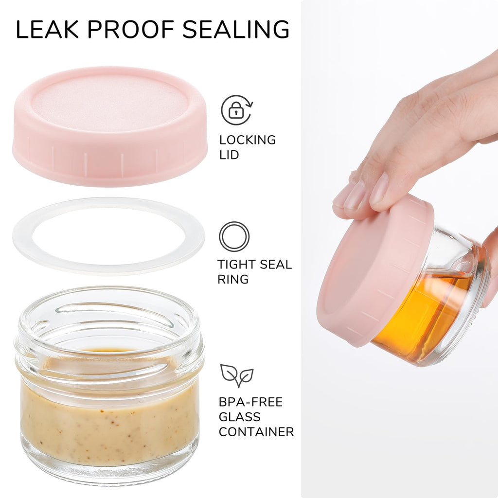 [6 Pack] Salad Dressing Container To Go, 1.7 oz Glass Small Condiment Container with Lids, Dipping Sauce Cups Set