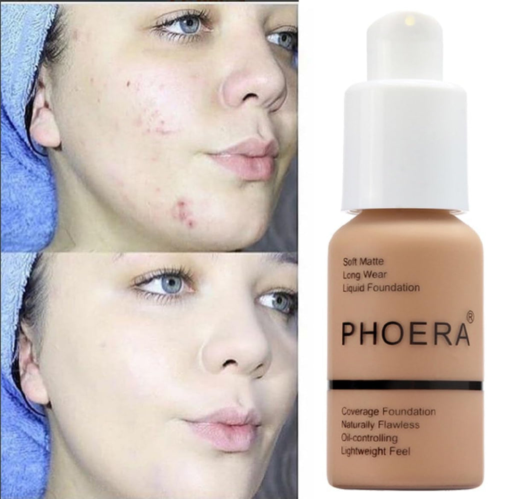 PHOERA Foundation, Flawless Soft Matte Liquid Foundation 24 HR Oil Control Concealer Foundation Makeup. (1 Pcs-102