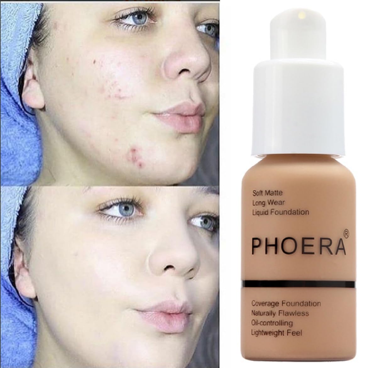PHOERA Foundation, Flawless Soft Matte Liquid Foundation 24 HR Oil Control Concealer Foundation Makeup. (1 Pcs-102