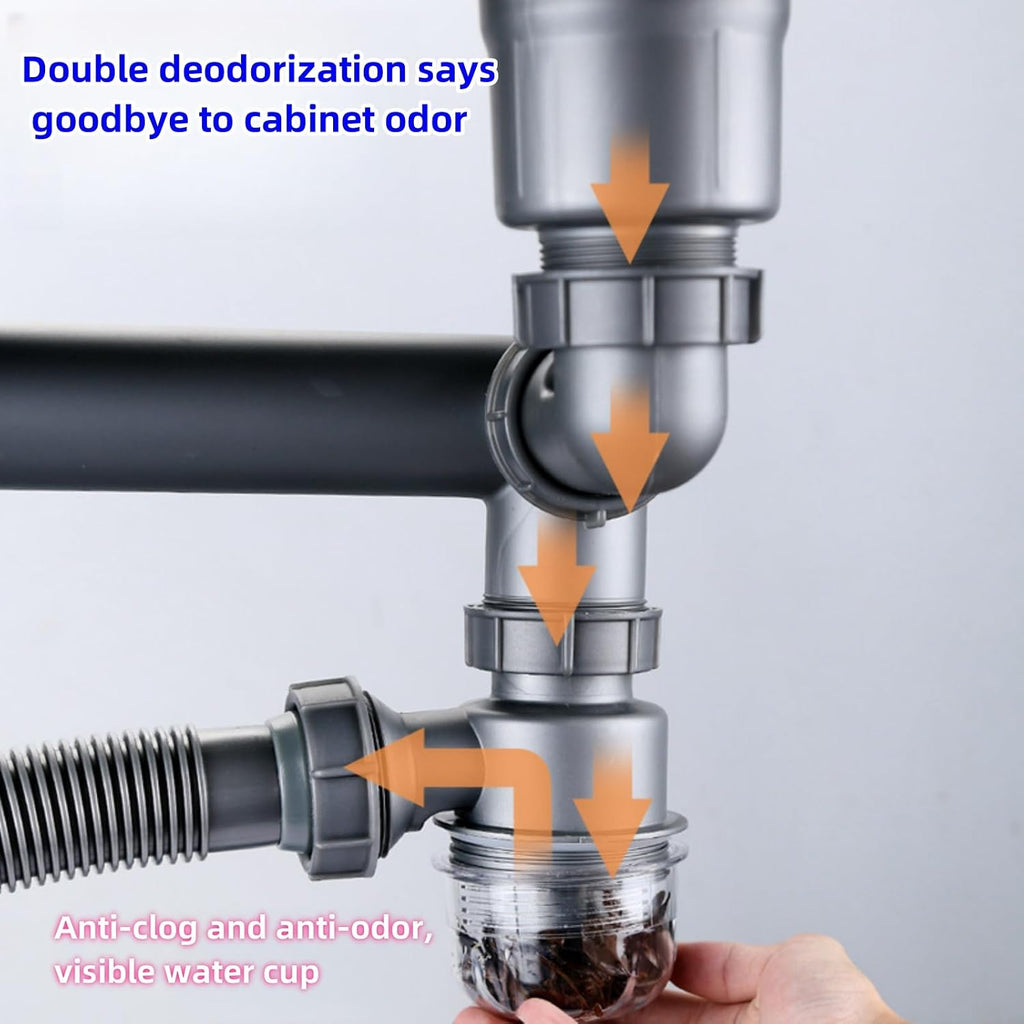 Double Sink Drain Kit Space Saving Kitchen Sink Drain Kit Expandable Flexible 1 1/2" P-Trap Pipe 3-1/2 Inch Sink