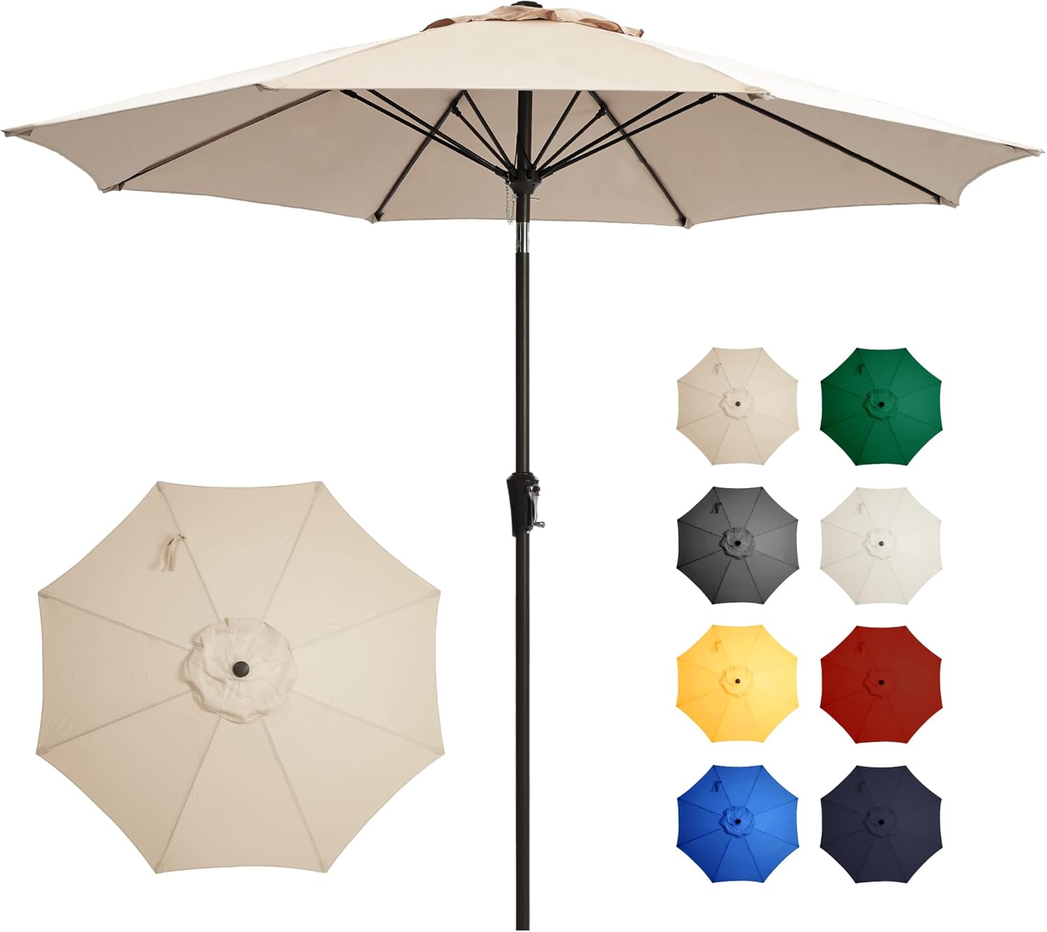 9FT Large Outdoor Patio Umbrella Market Table Umbrella-UV Resistant, Easy Push Button Tilt and Crank, 8 Sturdy