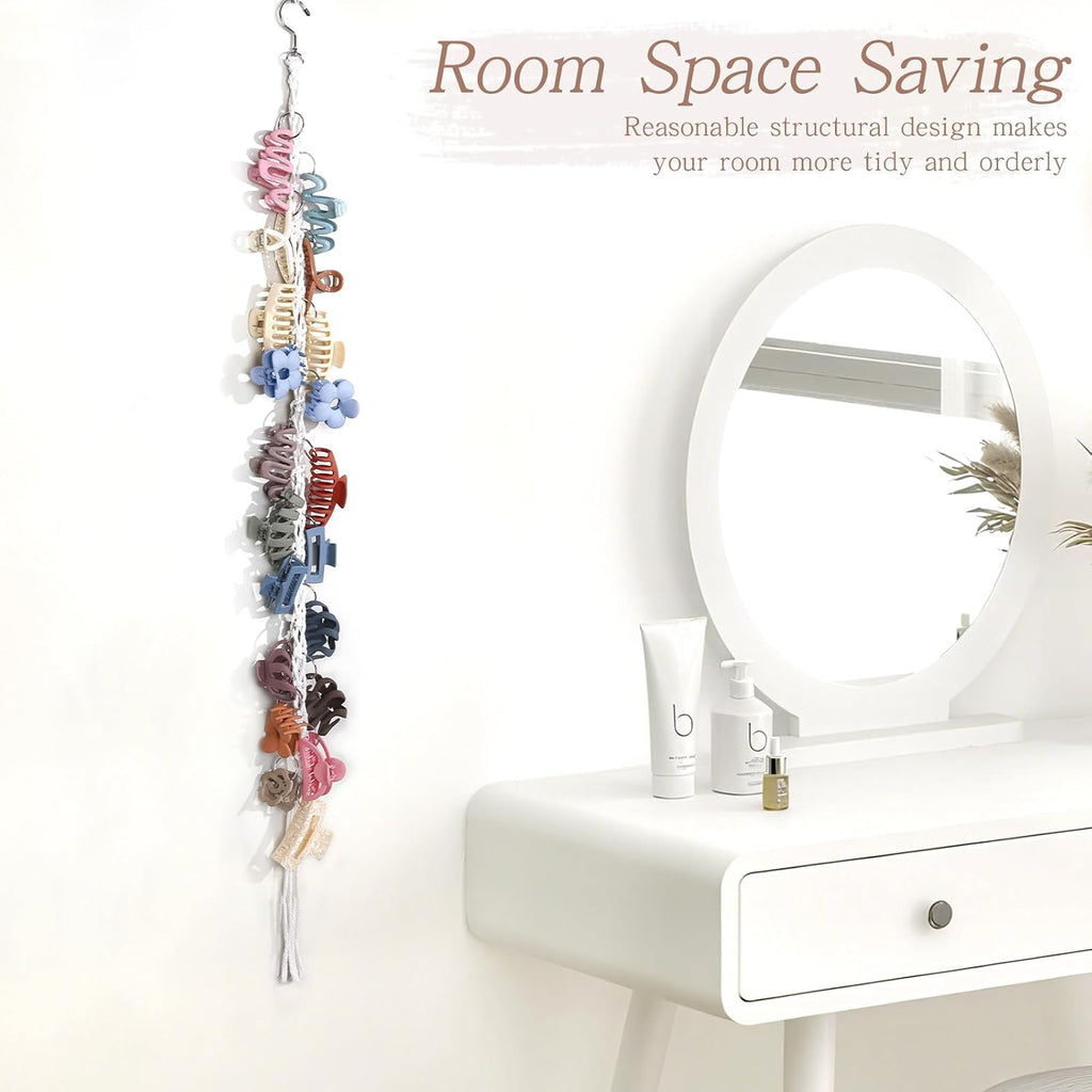 Macrame Hair Claw Clip Organizer with Rotating Hook and 20 Metal Rings,Hanging Hair Clip Holder and Storage for Women