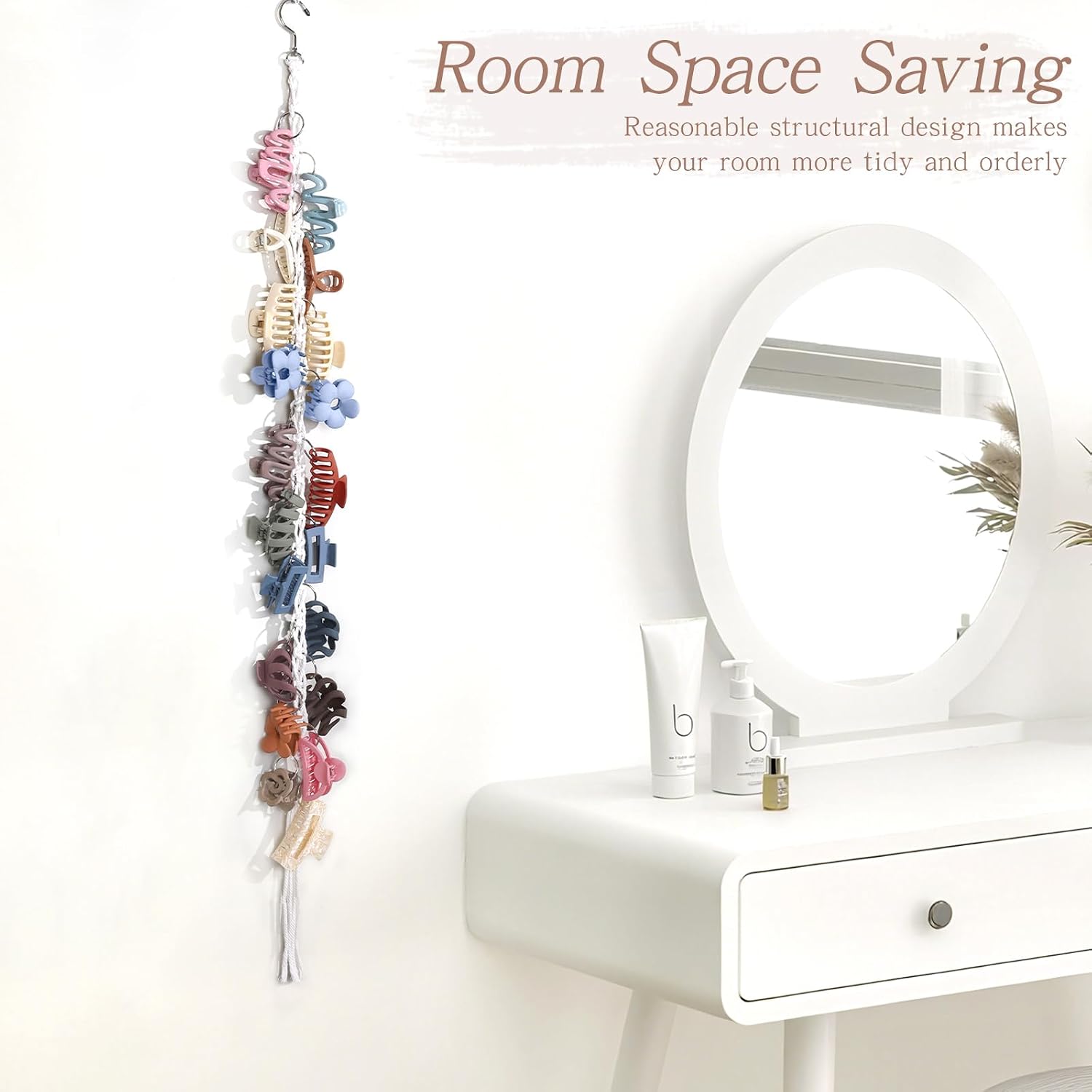 Macrame Hair Claw Clip Organizer with Rotating Hook and 20 Metal Rings,Hanging Hair Clip Holder and Storage for Women