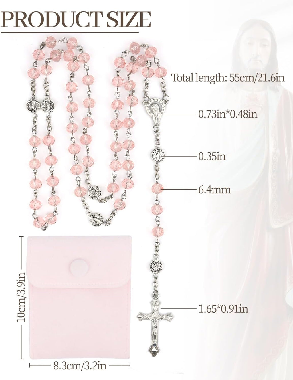 Rosary Beads for Women - Catholic Rosary Beads with Cross, Pink Crystal Rosary Necklace with Velvet Pouch, Religious