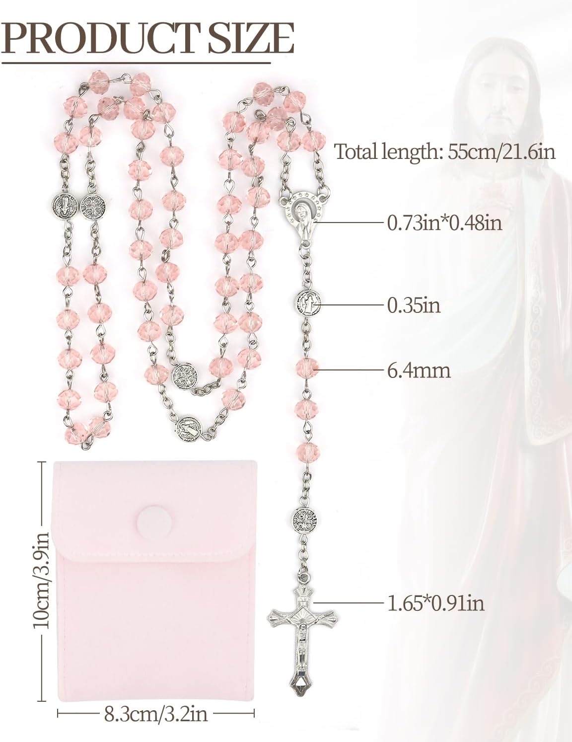 Rosary Beads for Women - Catholic Rosary Beads with Cross, Pink Crystal Rosary Necklace with Velvet Pouch, Religious