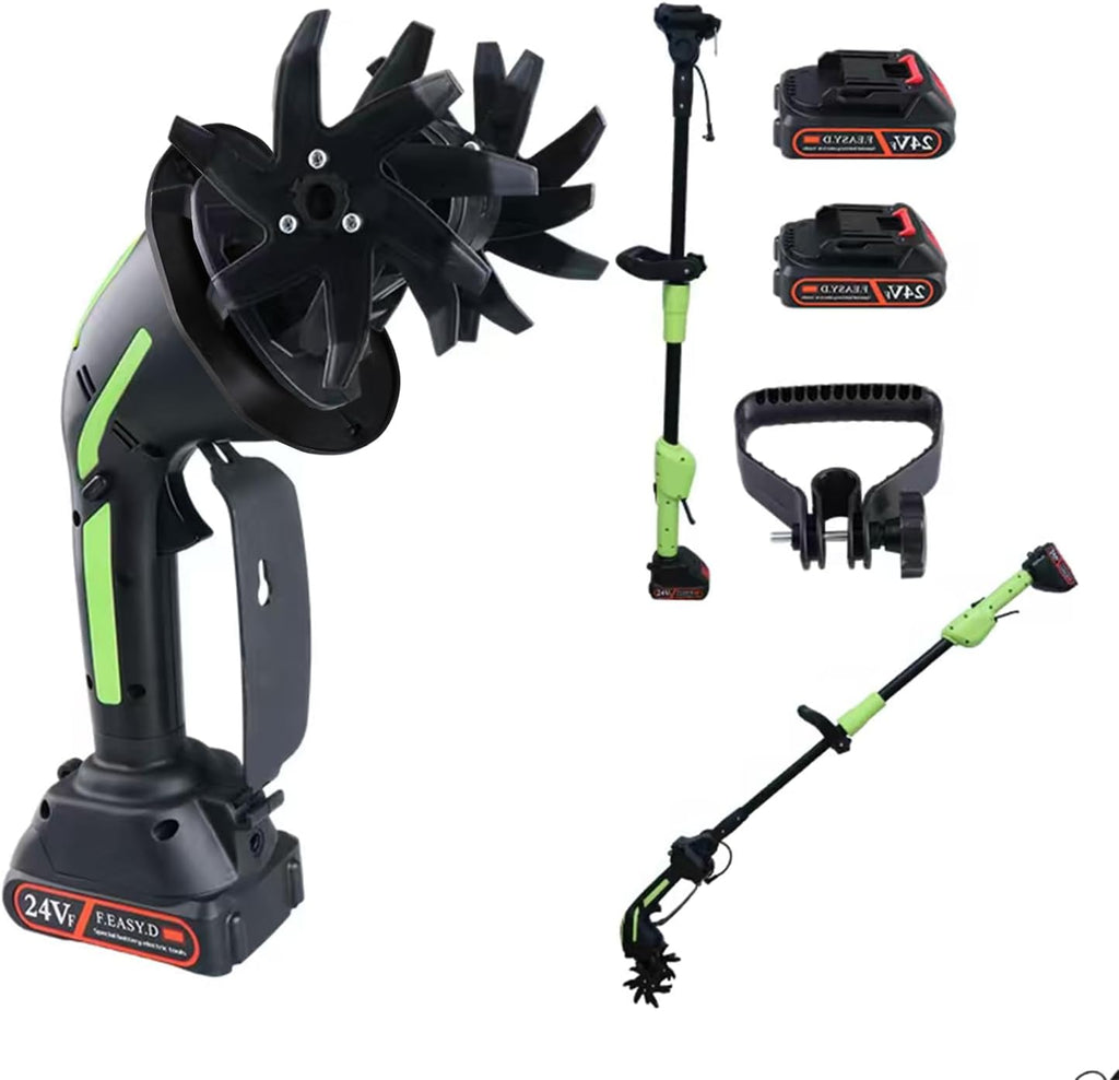 24V 2-in-1 Cordless Tiller Cultivator, 4-Inch Tilling Width and Depth, Handheld with Extension Rod, 235 RPM Electric