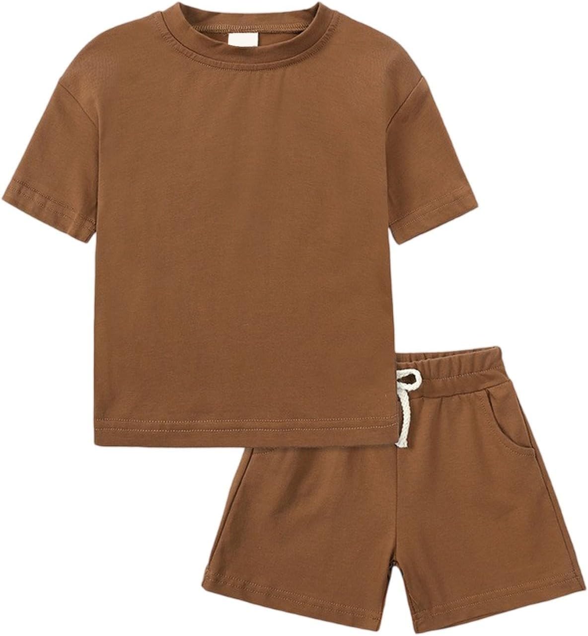 Toddler T-Shirt Shorts Sets Baby Boys 2pc Shorts Sets Plain Lightweight Summer Casual Tees Pants Outfits Cute Crew Neck