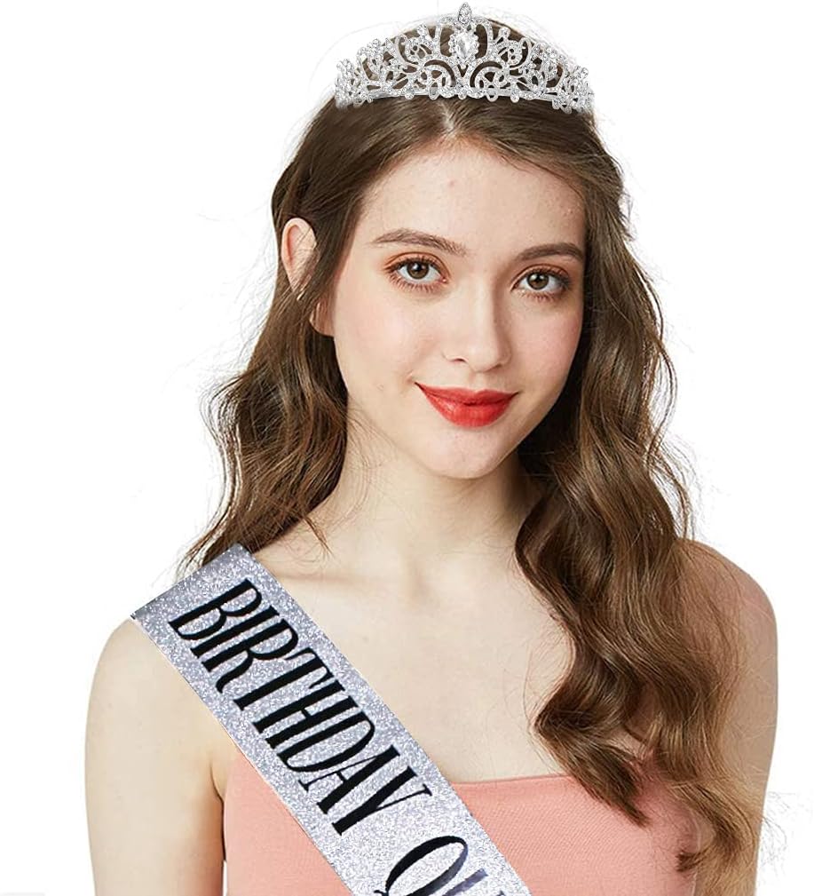 Silver Birthday Queen Sash for Women Tiara Crown Party Decorations | Happy Birthday Crowns for Adult Women, Party