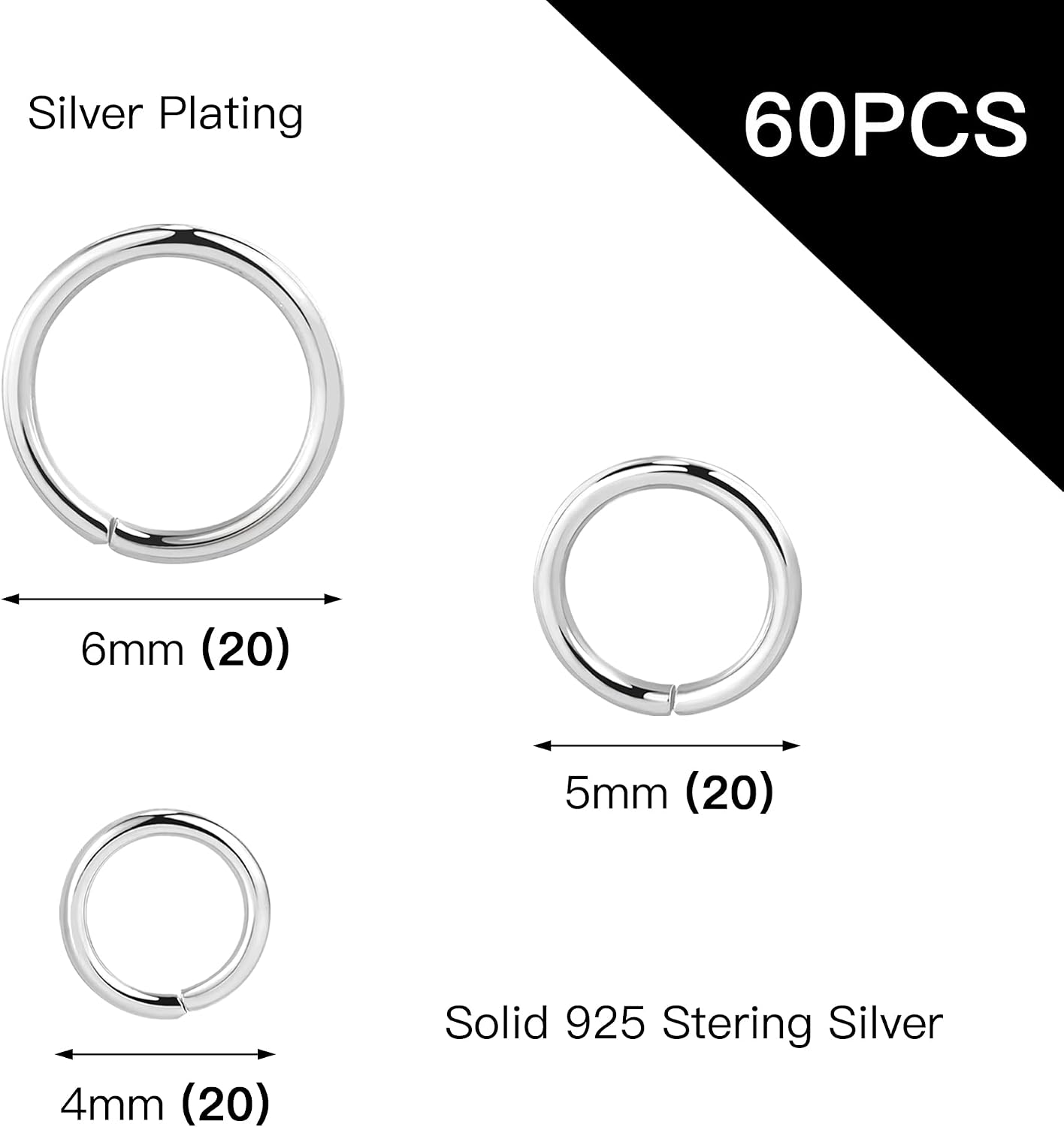 Silver Jump Rings for Jewelry Making 4mm 5mm 6mm (60 PCS) | Silver Open Jump Rings for DIY