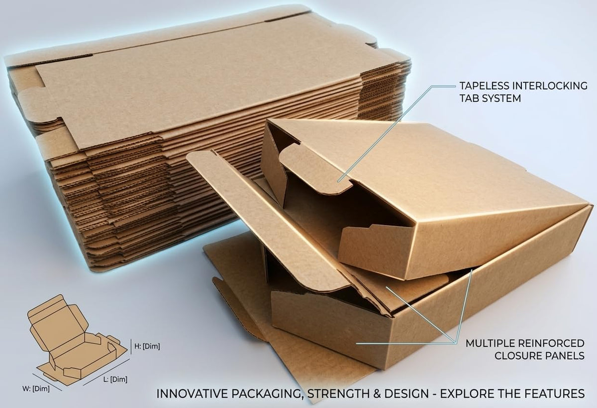 12x10x3 Inches Tapeless Shipping Boxes Pack of 50 - Self-Locking Small Corrugated Cardboard Mailer Boxes for Business