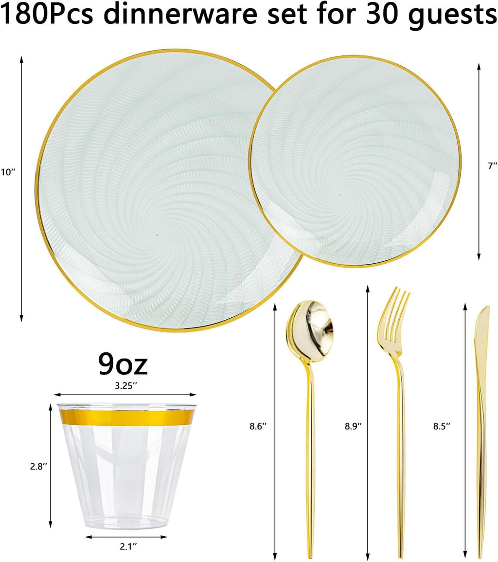 180PCS Green Plastic Plates Gold Rim, Disposable Party Dinnerware Set