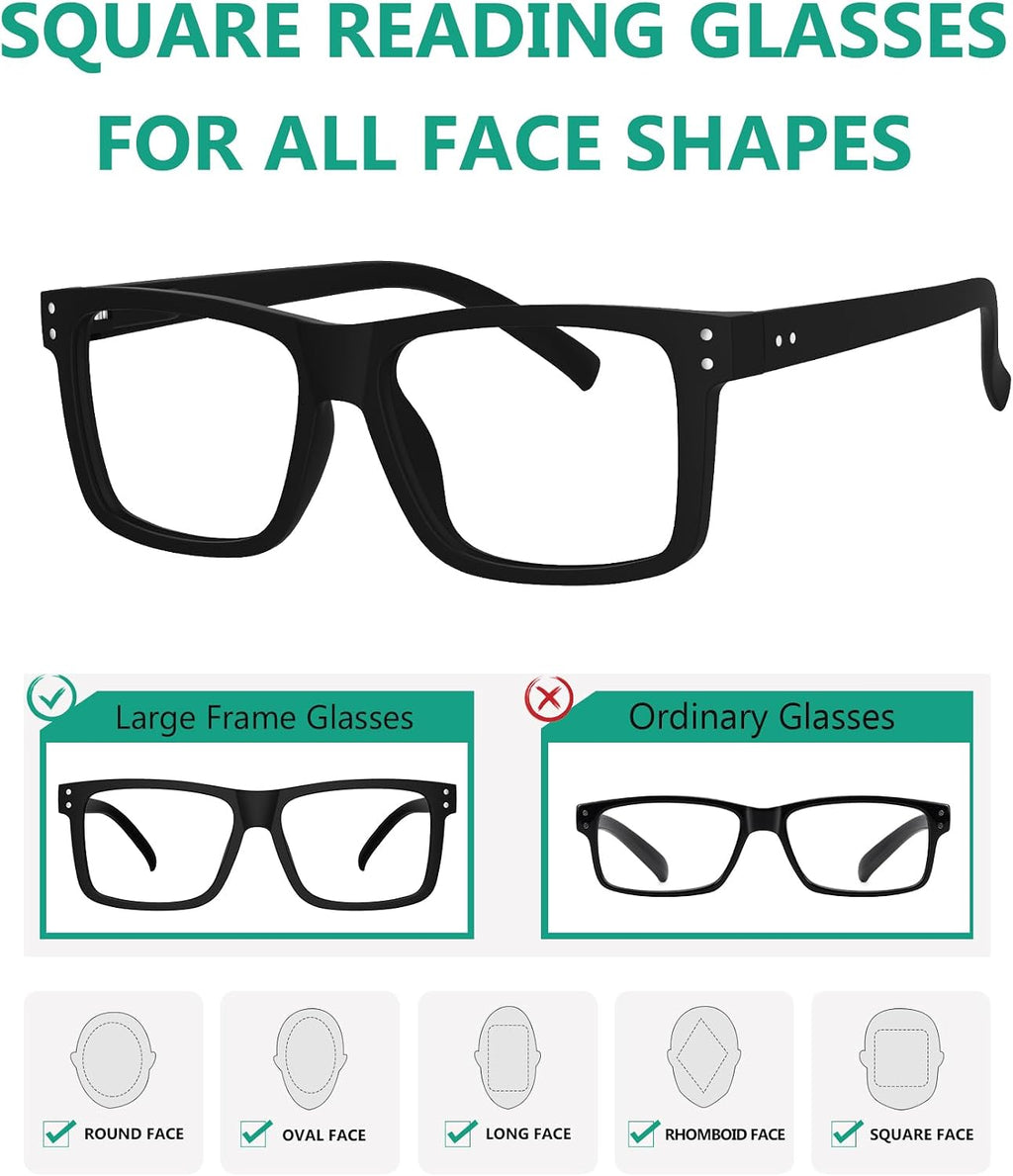 5-pack Oversized Reading Glasses Square Large Frame Readers for Men and Women - Black +2.00