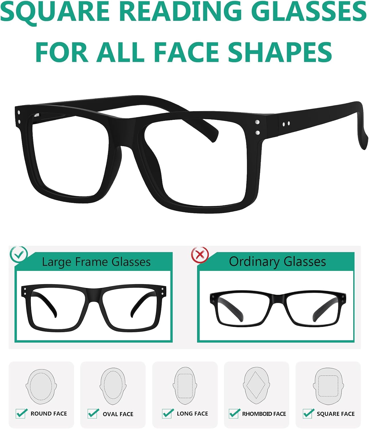 5-pack Oversized Reading Glasses Square Large Frame Readers for Men and Women - Black +2.00