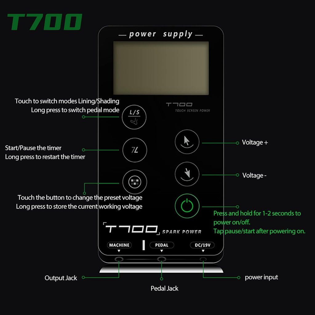 T700 Tattoo Power Supply 3-18v Professional Tattoo Power Supply Box for Coil & Rotary Tattoo Machine, 6 Preset