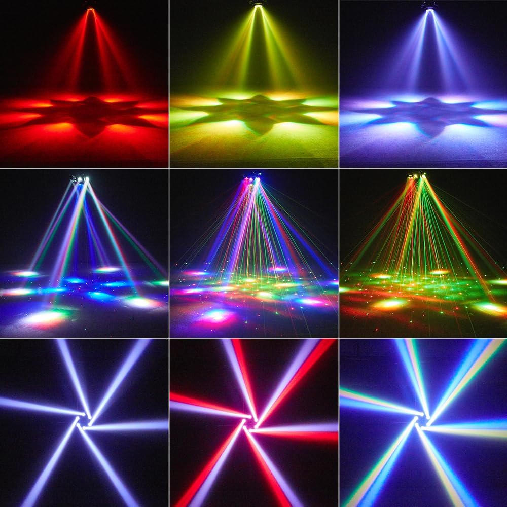 Moving Head DJ Lights, 150W LED Stage Lights 4-in-1 with Remote | 6 Arms Beam, Bee-Eye Effect, Red Green Starry