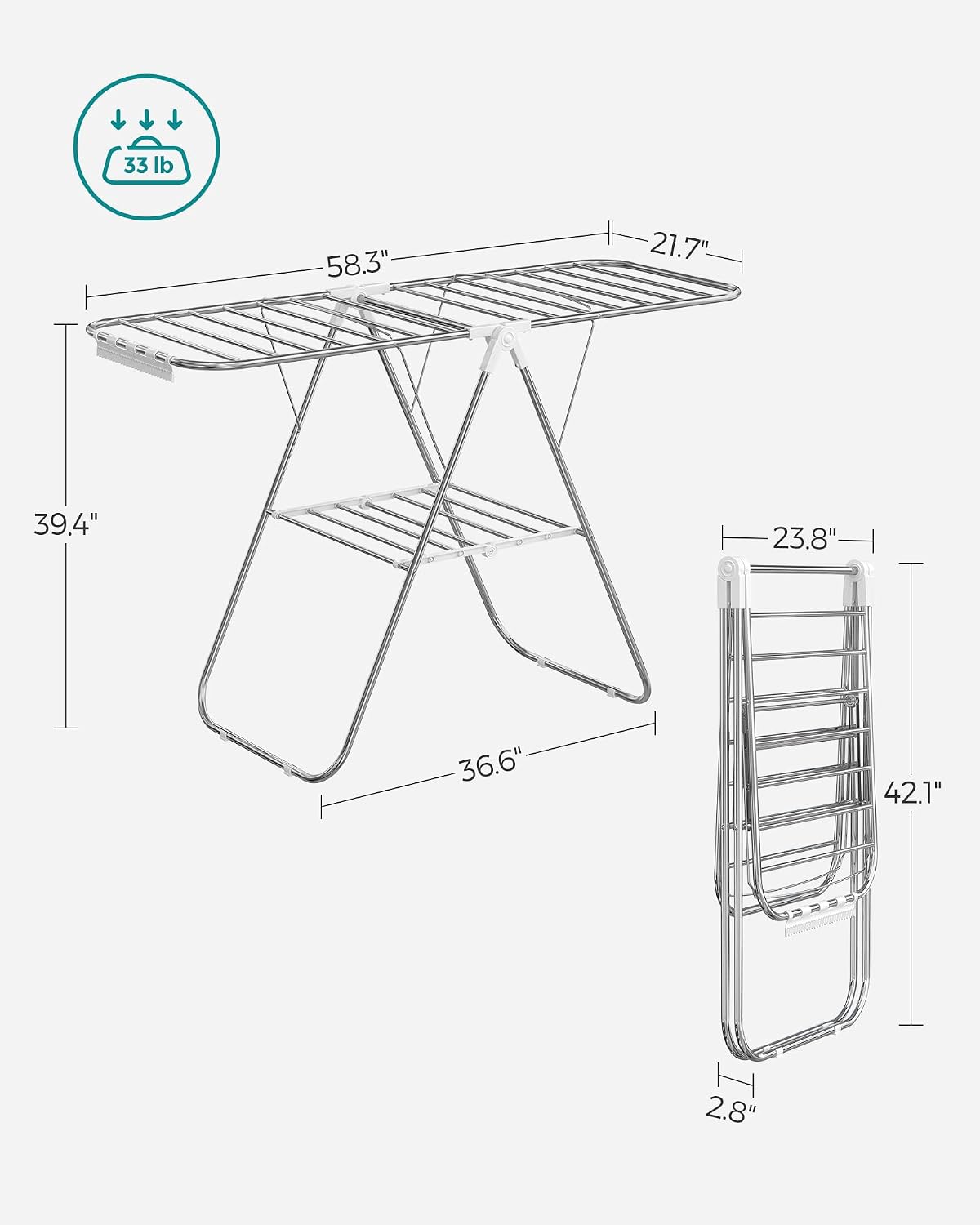Clothes Drying Rack, with Sock Clips, Metal Laundry Rack, Foldable, Space-Saving, Free-Standing Airer, with 2